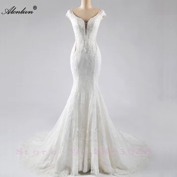 Alonlivn Модный дизайн, свадебные платья русалки с глубоким V-образным вырезом, роскошные уникальные кружевные аппликации, иллюзия спины на пуговицах, свадебные платья