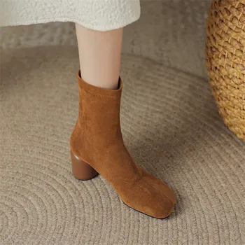 2023 Осенне-зимние женские ботинки с квадратным носком На массивном каблуке, короткие сапоги для женщин, модные сапоги, женские тонкие ботинки на высоком каблуке
