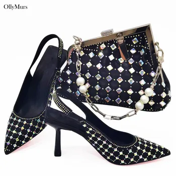 Комплект женской обуви и сумки в европейском стиле из искусственной кожи с блайдингом, модные итальянские туфли и сумочка на высоком каблуке 8,5 см для свадьбы