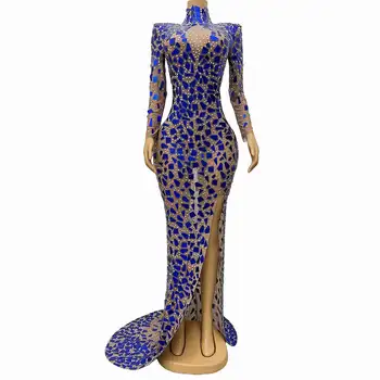 Синее длинное платье в пол для женщин, полное кристаллов из горного хрусталя, Прозрачное эластичное Элегантное вечернее платье одного размера на день рождения