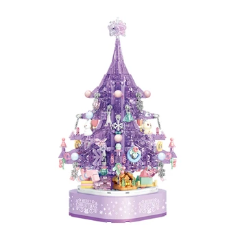 MOC Креативная рождественская елка Purple Dream со светодиодной подсветкой, модель музыкальной шкатулки, строительные блоки, Поделки, кирпичи, Рождественские подарки для детей и девочек, игрушки