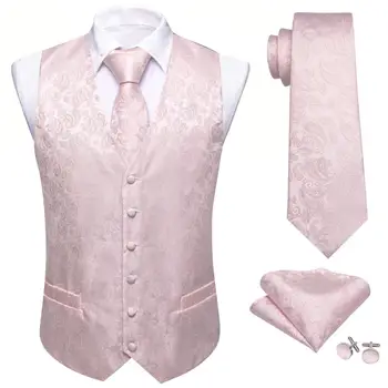 Роскошный шелковый жилет для мужчин, Розовый жилет с цветочным узором Пейсли, комплект галстуков, Свадебная официальная деловая вечеринка, куртка без рукавов Barry Wang