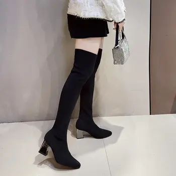 Роскошные женские сапоги до колена, весенне-осенние модные носки из эластичной ткани, женские ботинки на высоком каблуке, женские Botas De Mujer