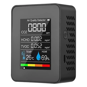 5 в 1 Монитор Качества Воздуха TVOC HCHO Температура Влажность CO2 Метр, USB Перезаряжаемый Детектор CO2 Черный