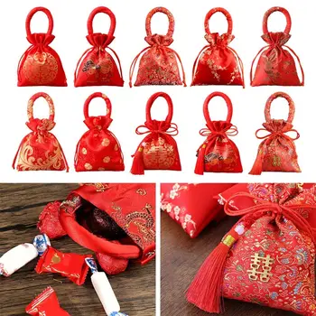 Красный мешочек для конфет на шнурке 2024 Новогодняя ткань, Красный мешочек для конфет, Счастливые сумки, Китайский узел, шелковый мешочек Фу, Принадлежности для вечеринок