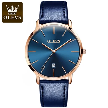 Оригинальные кварцевые часы OLEVS для мужчин, водонепроницаемые мужские часы, ультратонкий кожаный ремешок с датой, 6,5 мм, наручные часы для мужчин, деловые часы
