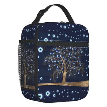 Очаровательное дерево с золотом на темно-синей изолированной сумке для ланча для женщин, Амулет Назар, сглаз, портативный термоохладитель, Школьный бокс для Бенто