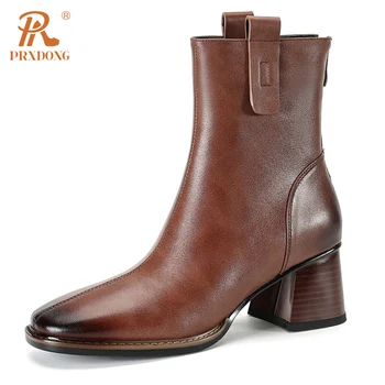 PRXDONG/ Новый бренд 2023, Женская обувь из натуральной кожи, ботильоны на среднем квадратном каблуке, черно-коричневое платье, Офисная женская обувь, Размер 34-43