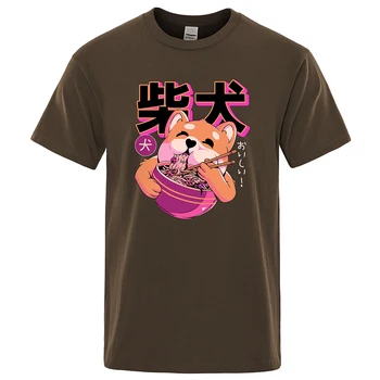 Милая футболка Shiba Inu Eating Noodles, Модные Хлопковые Футболки, Летние Удобные Футболки в стиле Хип-Хоп, Дышащие Экологичные Мужские Топы