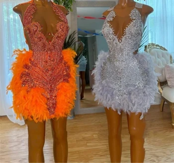 Оранжевые короткие платья для выпускного вечера с прозрачными перьями и бриллиантами, сексуальные платья для вечеринок по случаю Дня рождения для черных девушек, африканские мини-коктейльные платья для Возвращения домой
