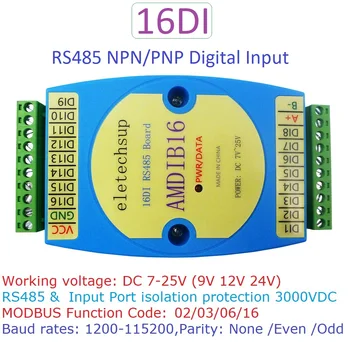 16DI DC 12V 24V NPN PNP Модуль цифрового ввода RS485 Изолированная Коммуникационная плата расширения MODBUS RTU PLC