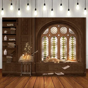 Библиотека волшебника Темная комната с фантастическим окном, книгами и свечами, местом для учебы, Старинной книжной полкой, фоном для фотографий