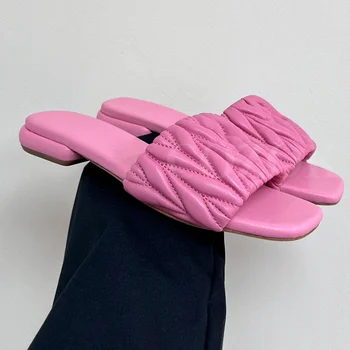 Женские тапочки Летняя новинка, натуральная кожа, материал для шитья, дизайн верха, тапочки с открытым носком, однотонные Простые женские сандалии