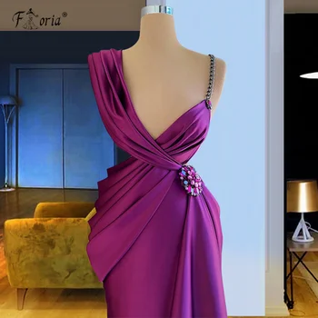 Элегантные Длинные вечерние платья без спинки Фиолетовые Атласные кристаллы Платье знаменитости с глубоким V-образным вырезом и складками Женские вечерние платья для вечеринок
